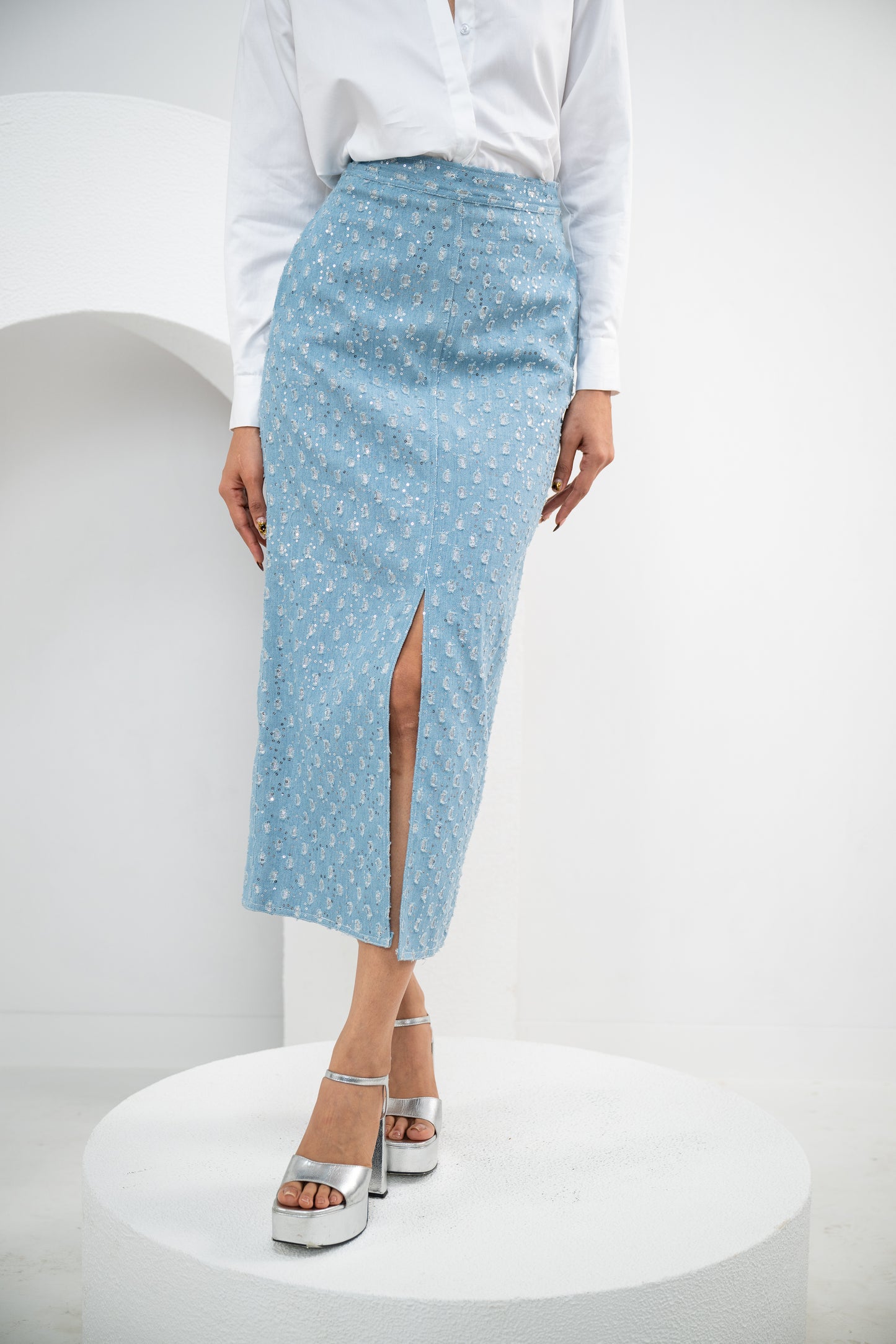 GLITTER SKIRT WITH PLEATED COTTON SHIRT SET