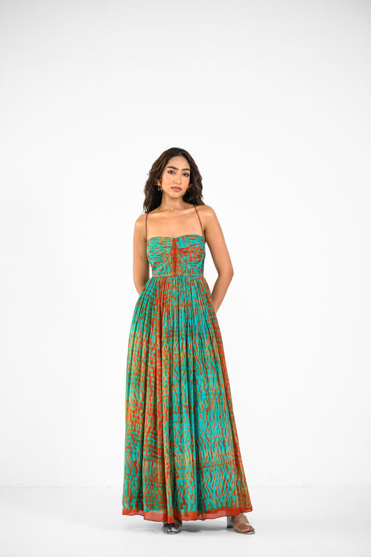 SHIBORI TIE DYE RUCHED PLEATED DRESS