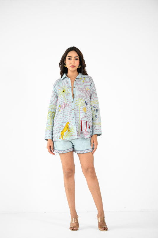 GREYISH BLUE PALM AND SHORTS