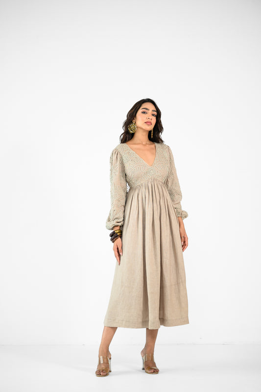 BEIGE EMBROIDERED LINEN DRESS