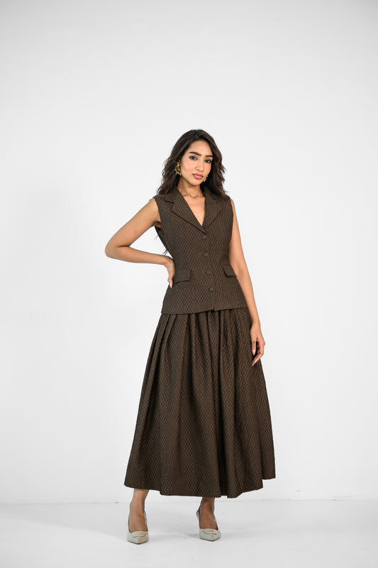BROWN BLAZER AND SKIRT SET