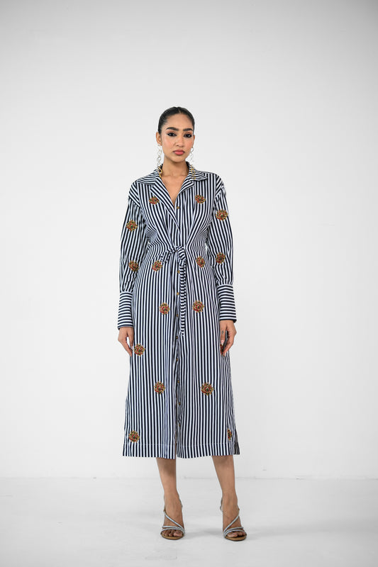 STRIPE PATCH SHIRT TIE DRESS