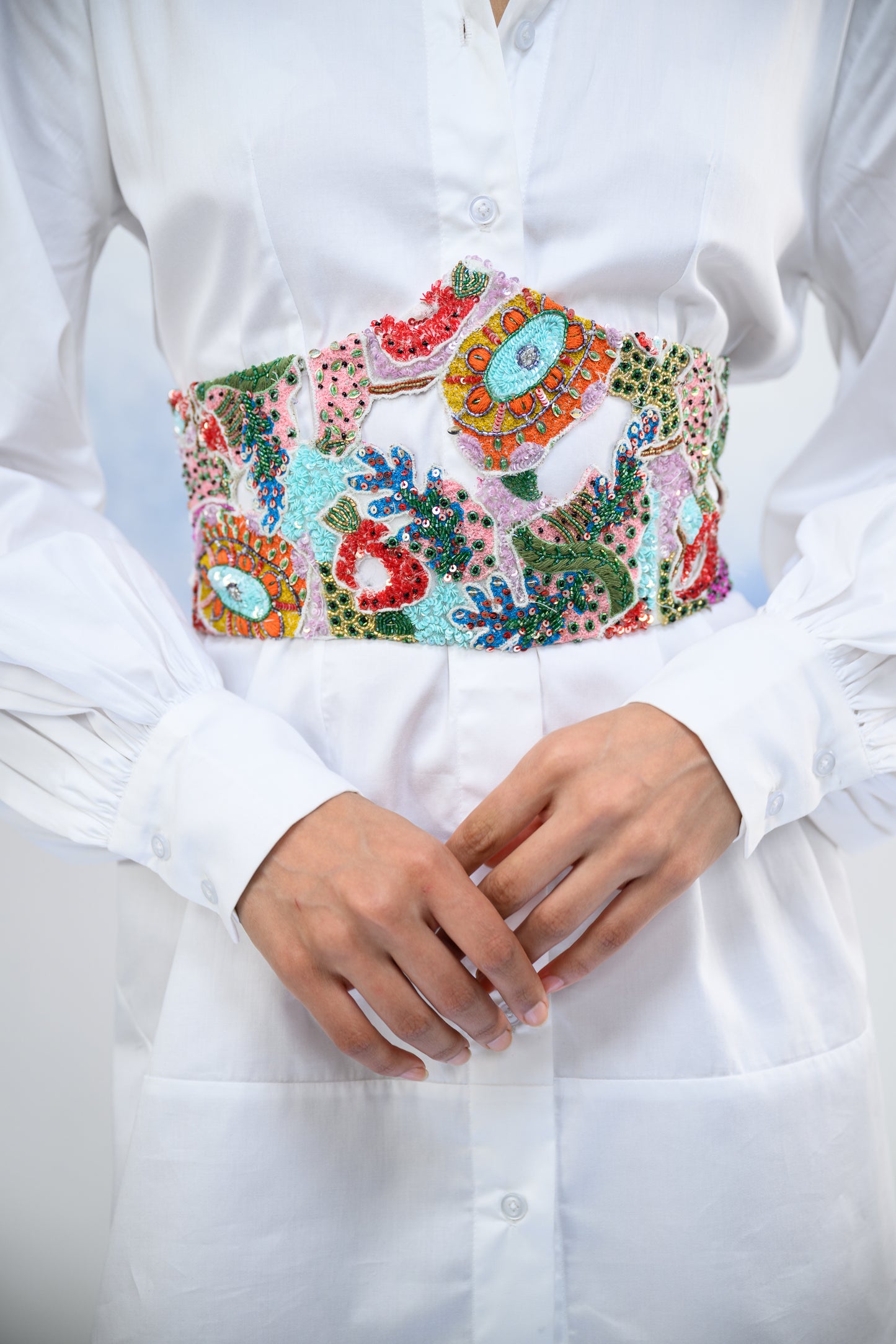 WHITE SHIRT DRESS PAIRED WITH MARINA CORSET