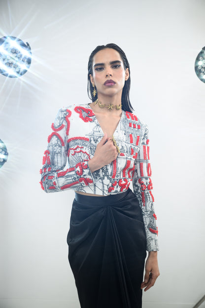 RED BEADED BLAZER PAIRED WITH SKIRT SET