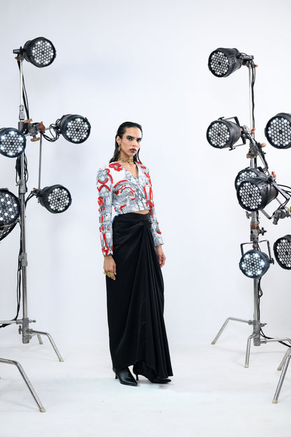 RED BEADED BLAZER PAIRED WITH SKIRT SET