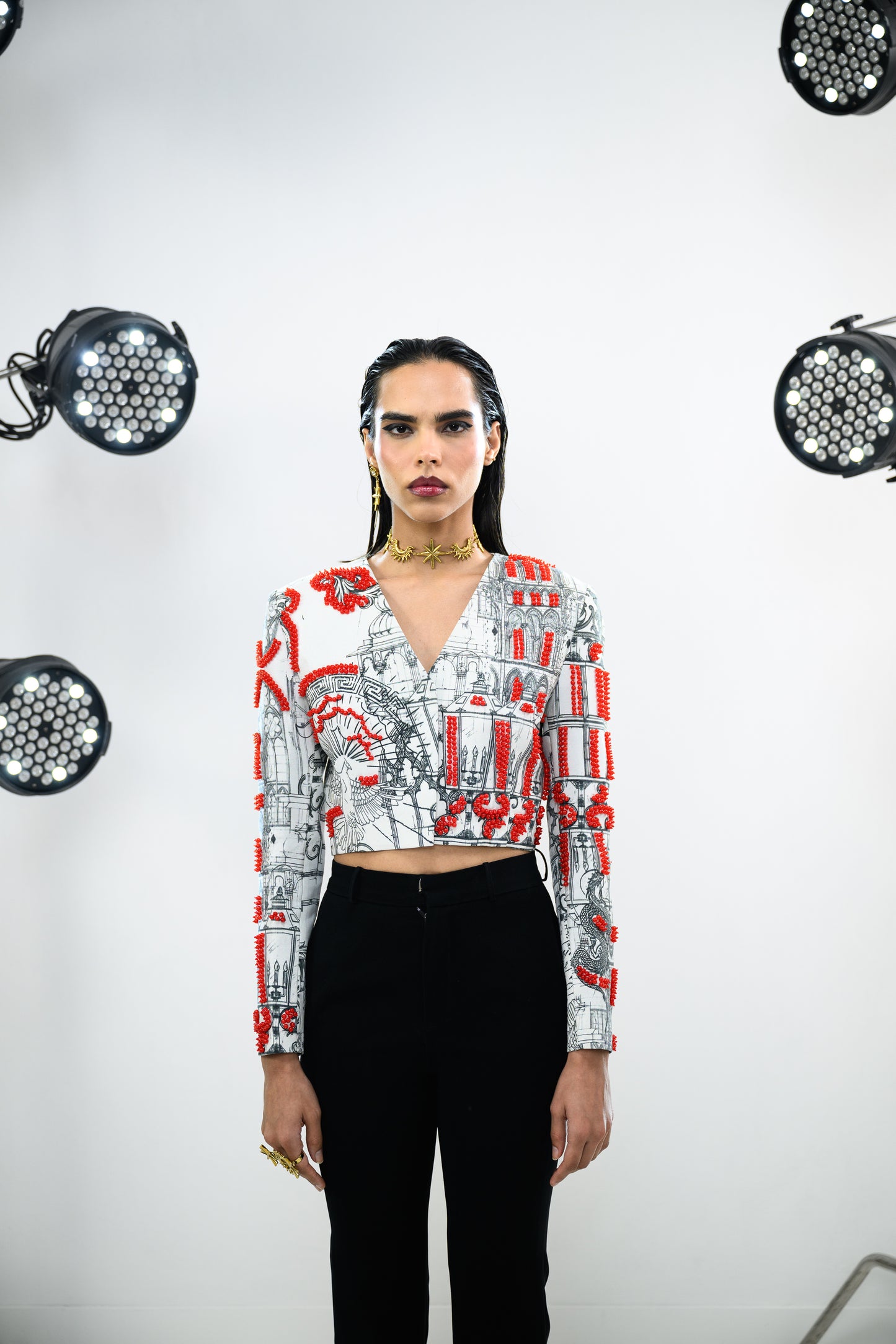 RED BEADED BLAZER WITH HIPSTER PANTS