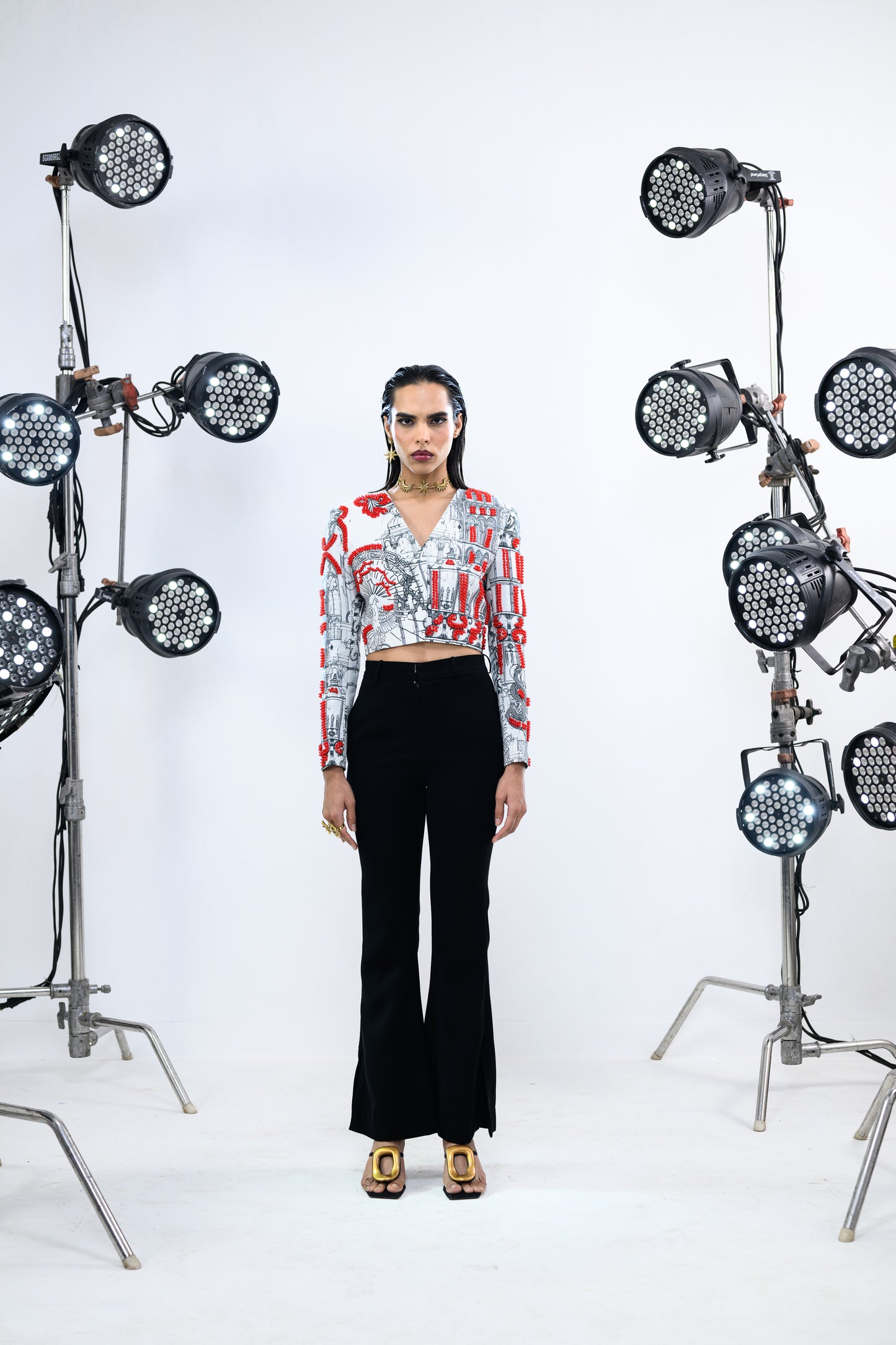 RED BEADED BLAZER WITH HIPSTER PANTS