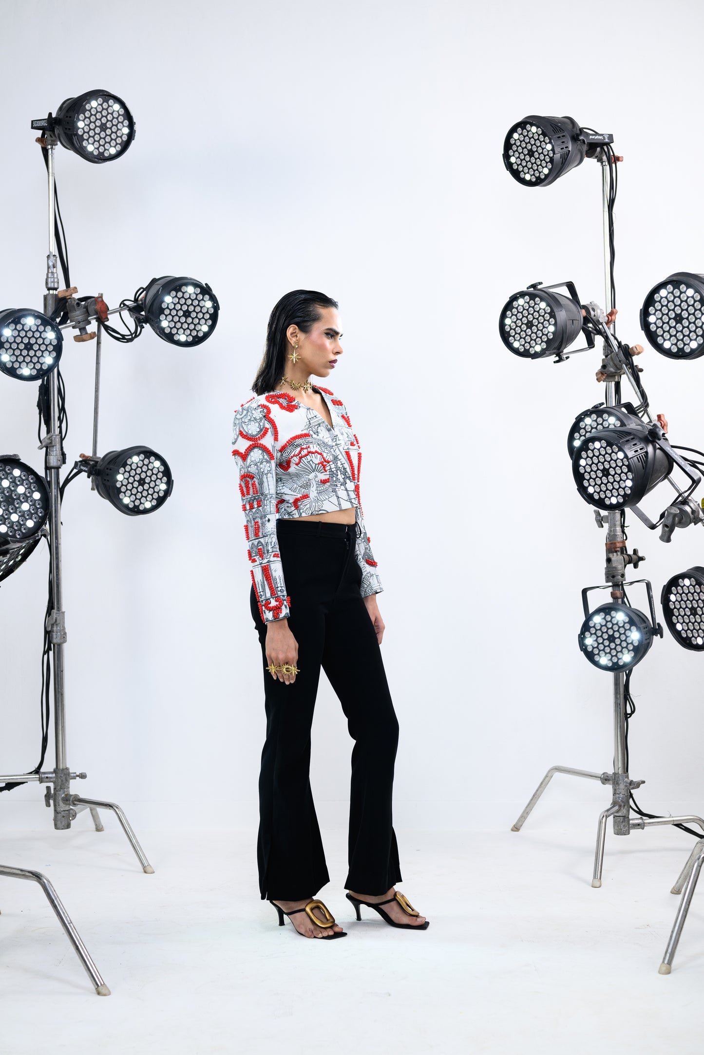 RED BEADED BLAZER WITH HIPSTER PANTS