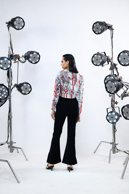 RED BEADED BLAZER WITH HIPSTER PANTS