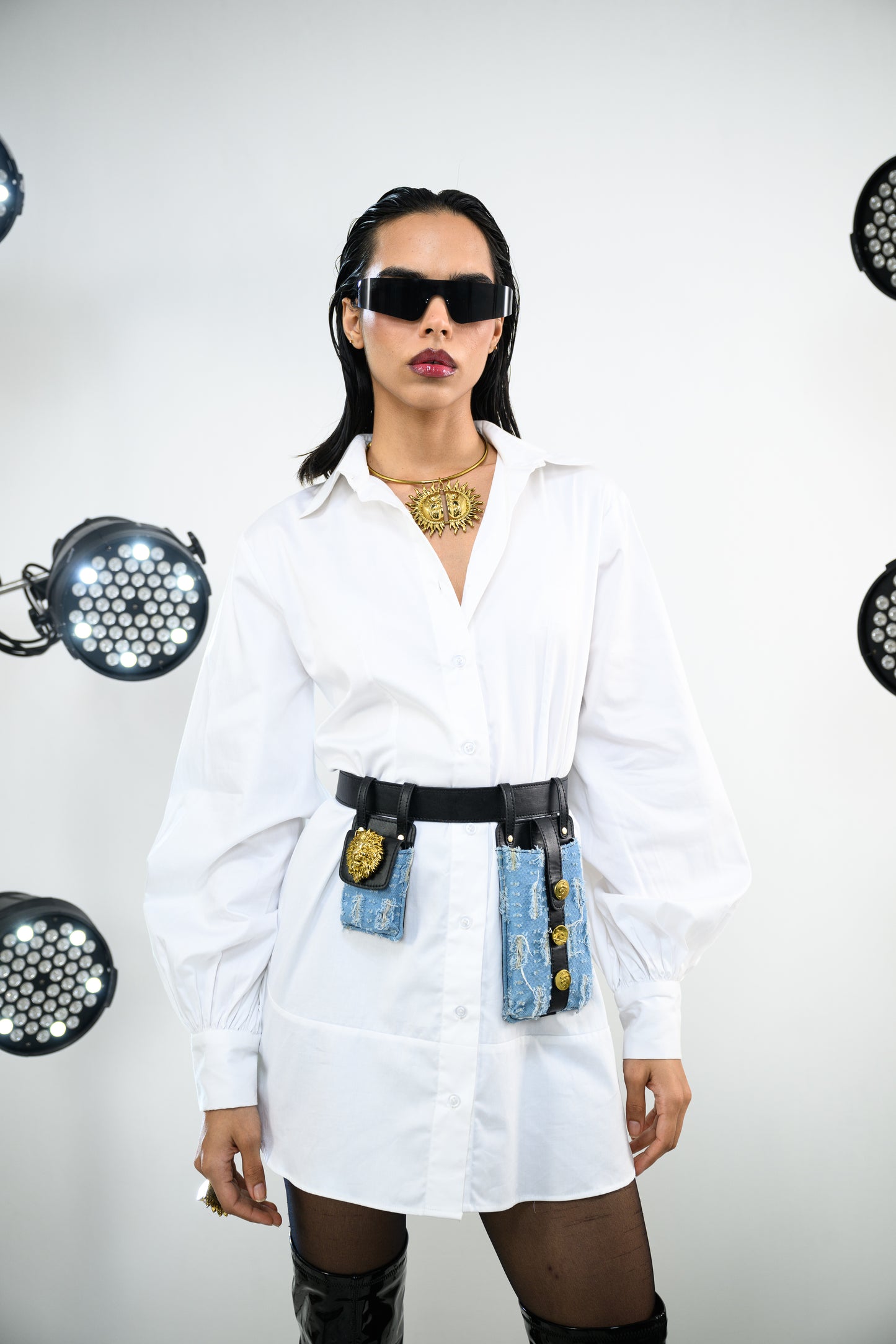 WHITE SHIRT DRESS PAIRED WITH FRINGE DENIM BELT BAG