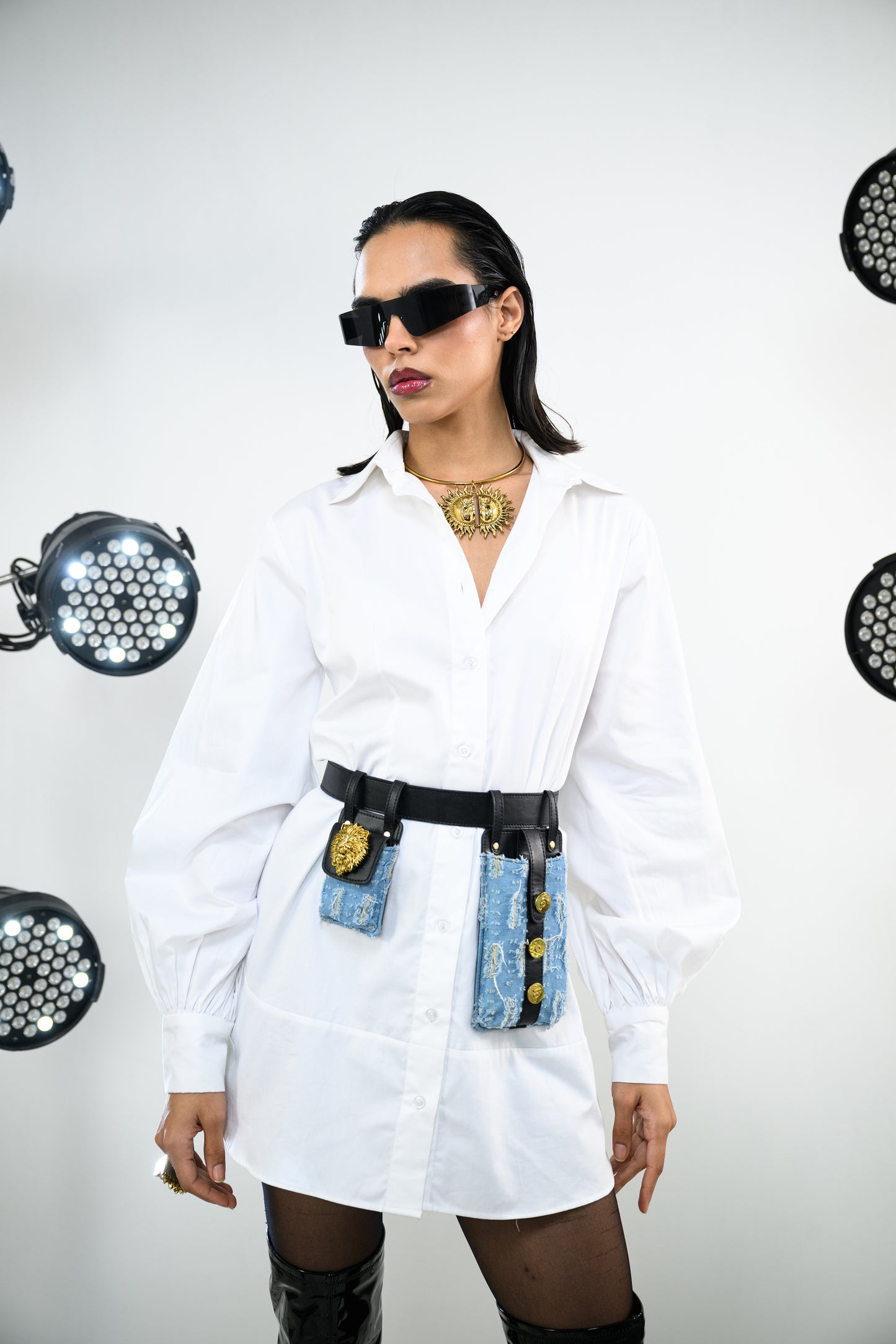 WHITE SHIRT DRESS PAIRED WITH FRINGE DENIM BELT BAG