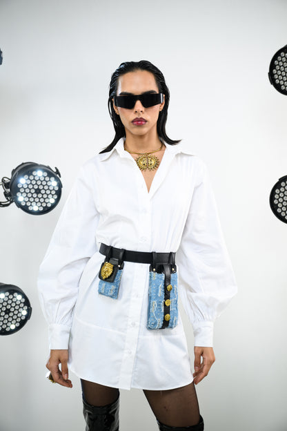 WHITE SHIRT DRESS PAIRED WITH FRINGE DENIM BELT BAG