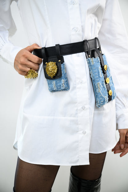 WHITE SHIRT DRESS PAIRED WITH FRINGE DENIM BELT BAG