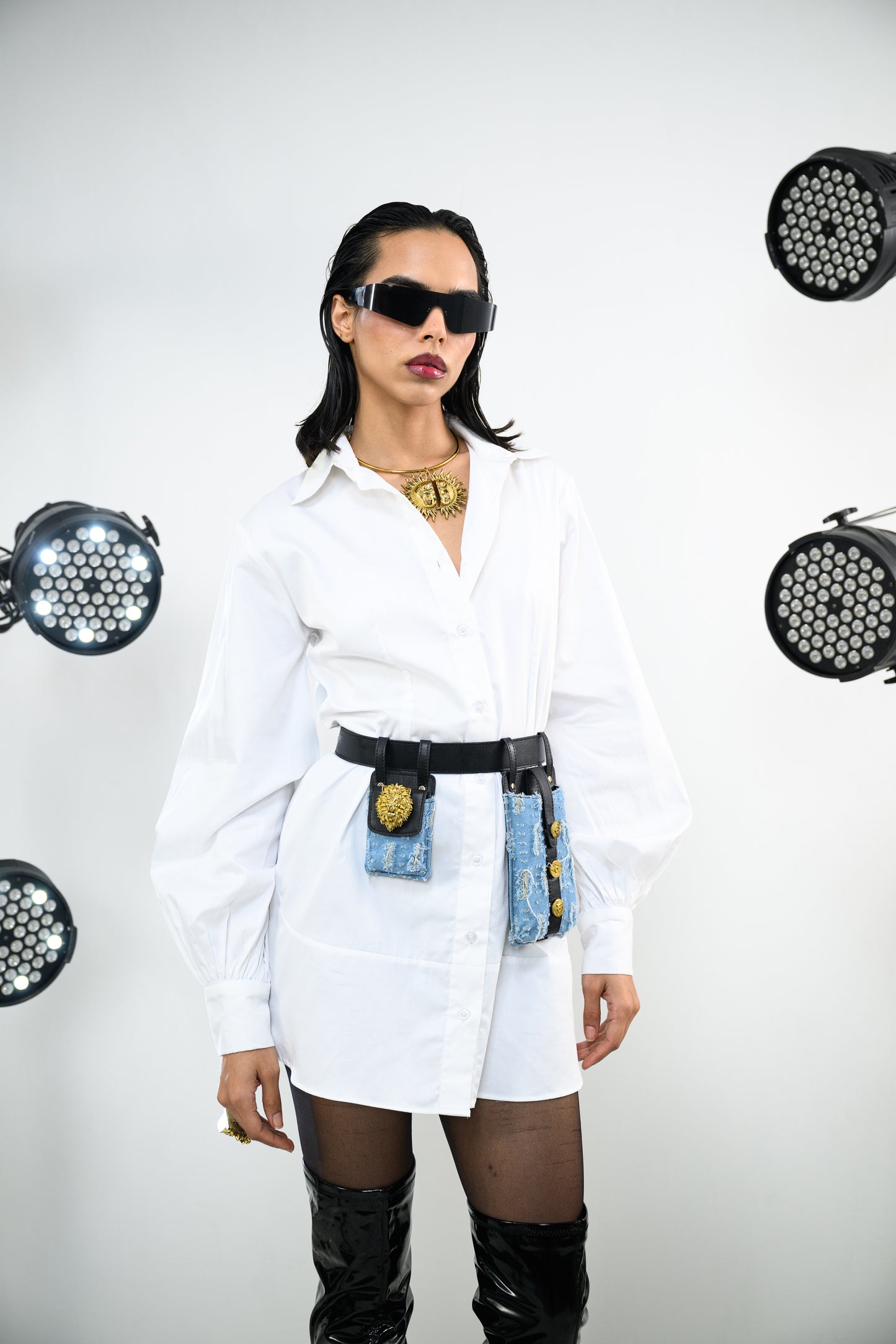 WHITE SHIRT DRESS PAIRED WITH FRINGE DENIM BELT BAG