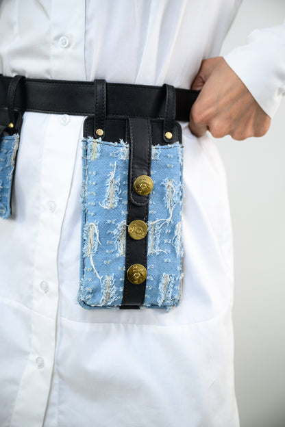 WHITE SHIRT DRESS PAIRED WITH FRINGE DENIM BELT BAG