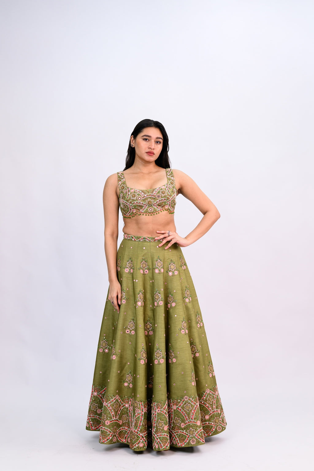 OLIVE GREEN BUTI LEHENGA PAIRED WITH EMBROIDERED BLOUSE WITH CUT WORK DUPATTA