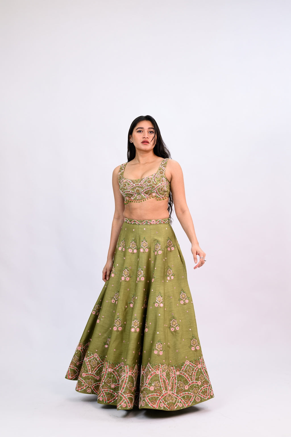 OLIVE GREEN BUTI LEHENGA PAIRED WITH EMBROIDERED BLOUSE WITH CUT WORK DUPATTA