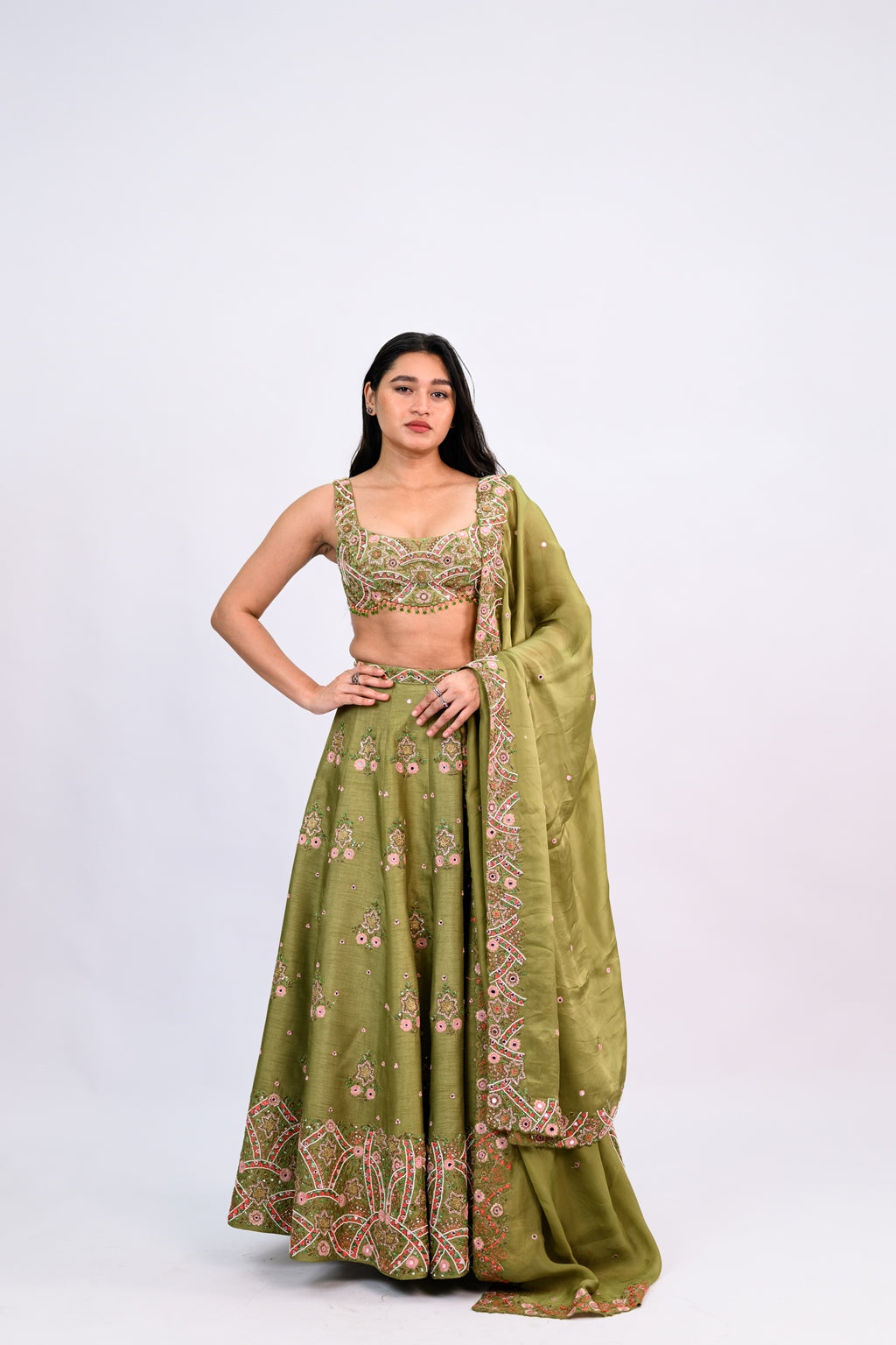 OLIVE GREEN BUTI LEHENGA PAIRED WITH EMBROIDERED BLOUSE WITH CUT WORK DUPATTA