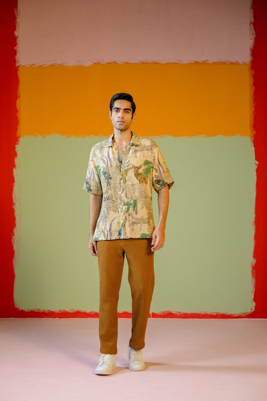 DEER HALF SLEEVE SHIRT PAIRED WITH CAMEL PANT SET