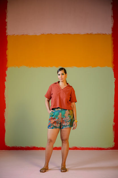 Orange Crop Tshirt Paired With Mavi Shorts Set