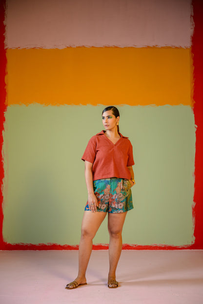 Orange Crop Tshirt Paired With Mavi Shorts Set