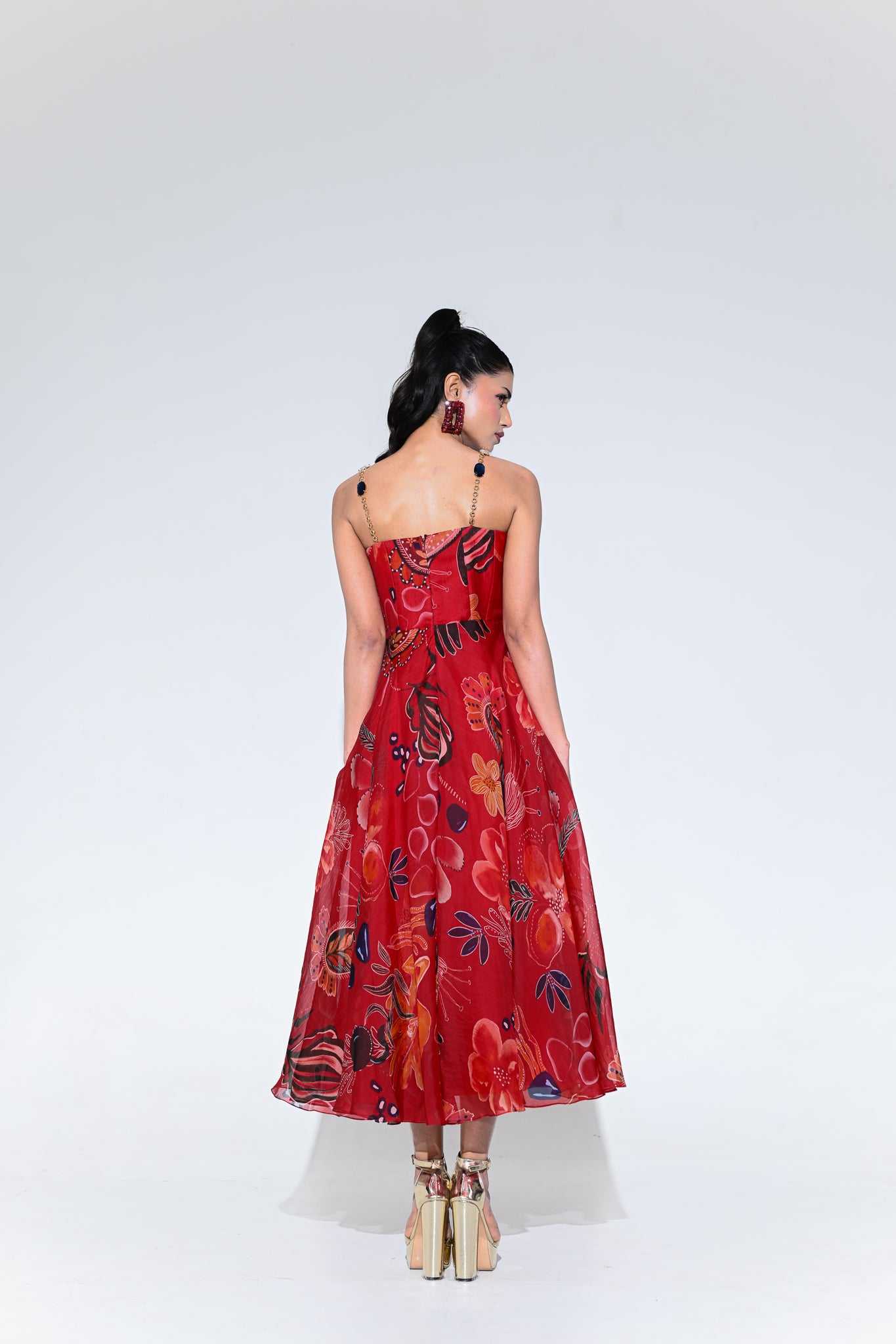SCARLET FLOWER CORSET MIDI DRESS