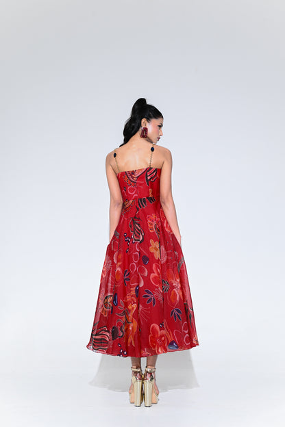 SCARLET FLOWER CORSET MIDI DRESS