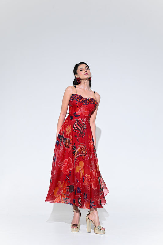 SCARLET FLOWER CORSET MIDI DRESS