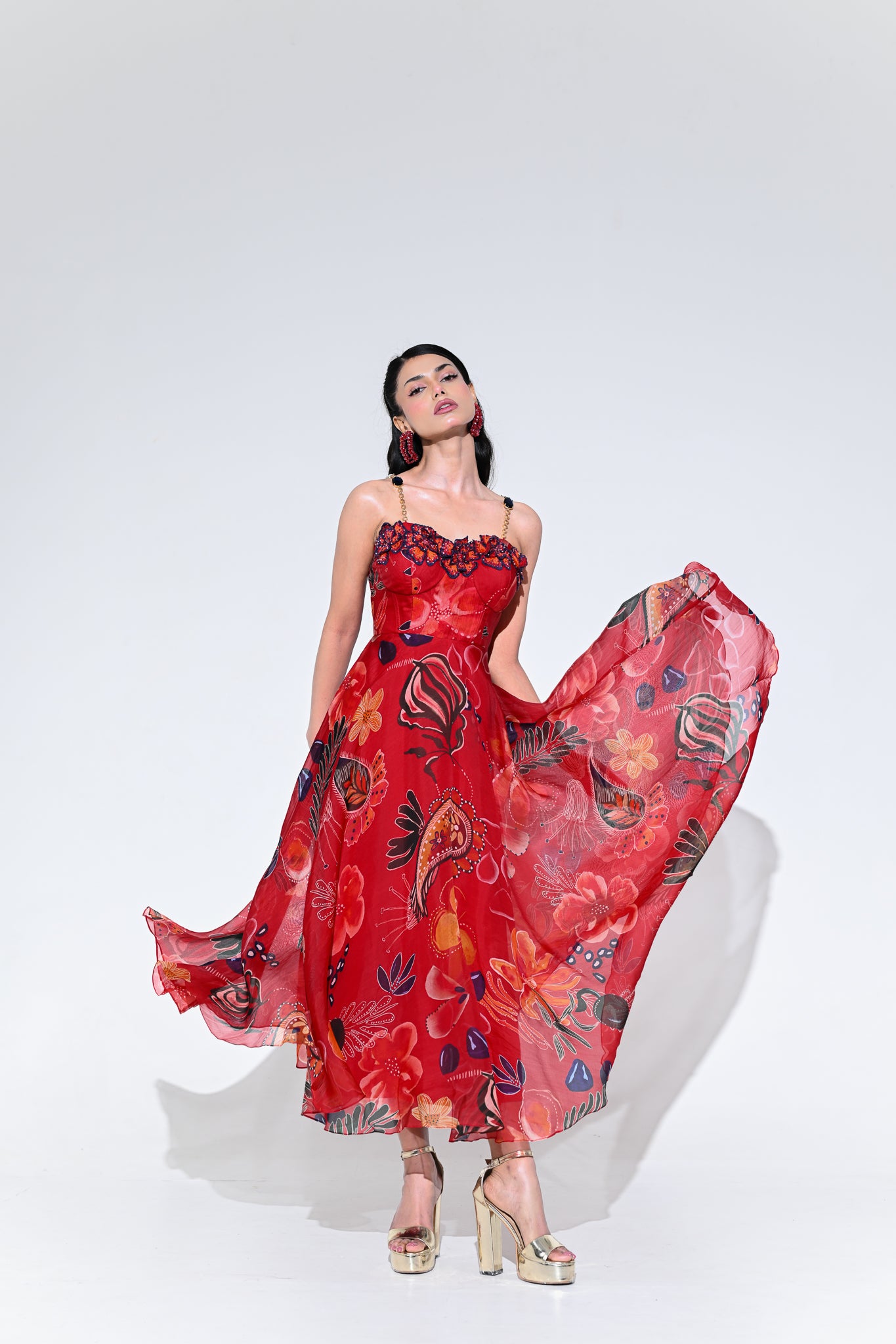 SCARLET FLOWER CORSET MIDI DRESS