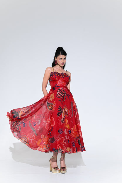 SCARLET FLOWER CORSET MIDI DRESS