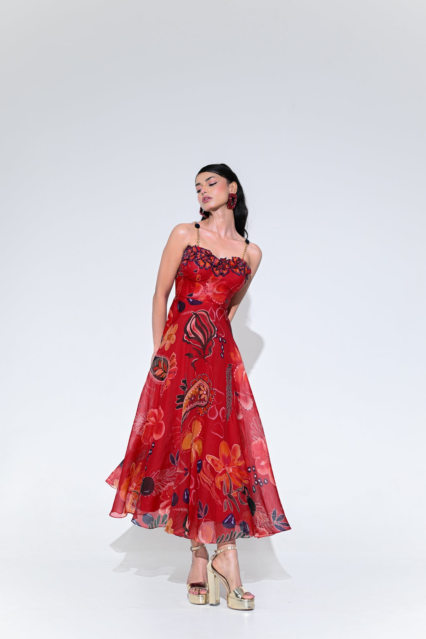 SCARLET FLOWER CORSET MIDI DRESS