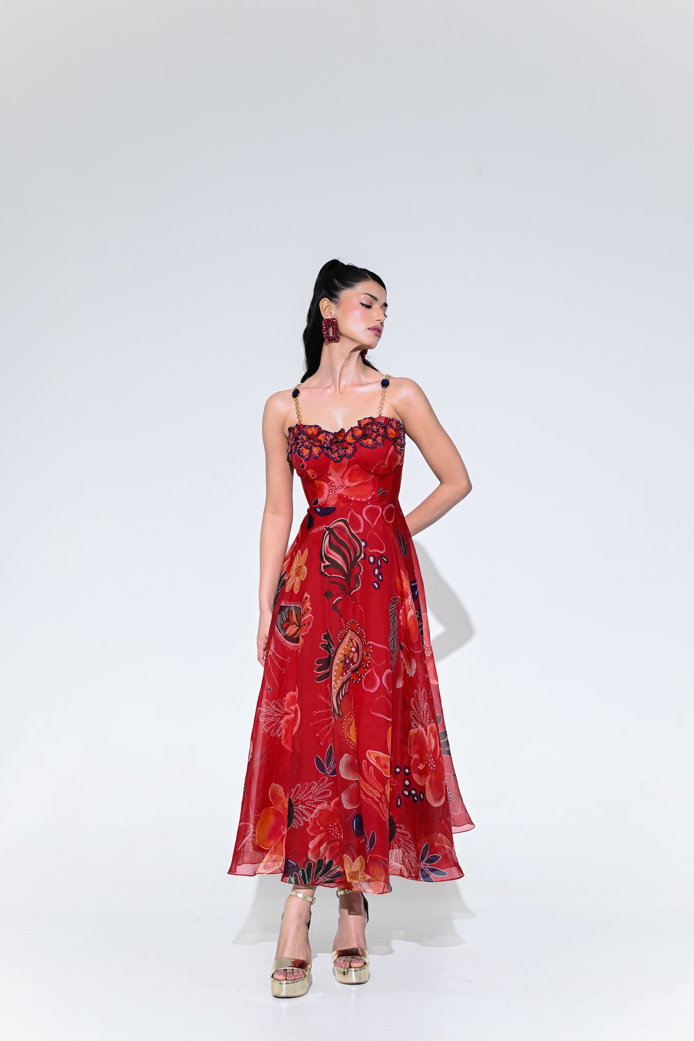 SCARLET FLOWER CORSET MIDI DRESS