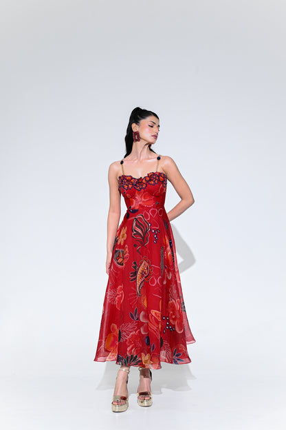 SCARLET FLOWER CORSET MIDI DRESS