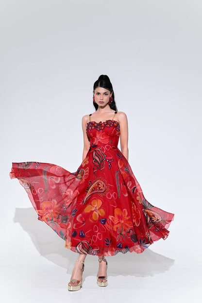 SCARLET FLOWER CORSET MIDI DRESS