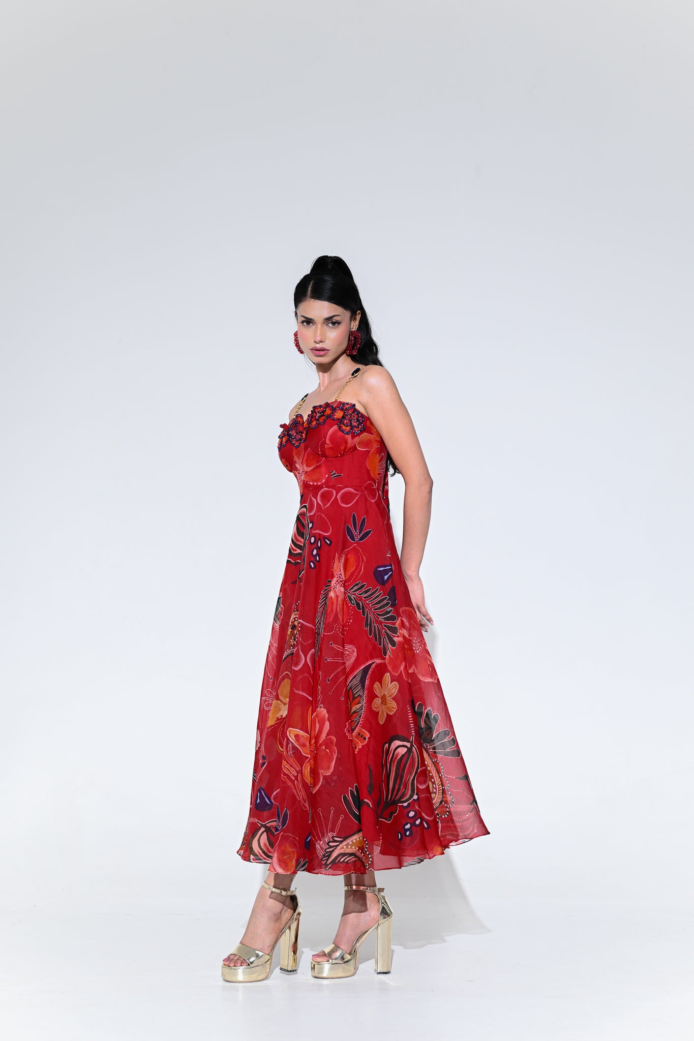 SCARLET FLOWER CORSET MIDI DRESS