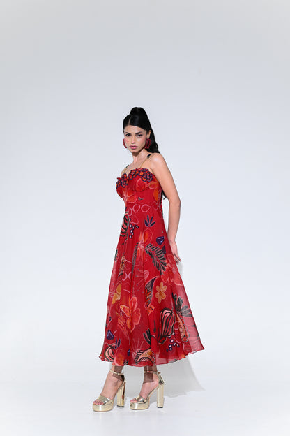 SCARLET FLOWER CORSET MIDI DRESS