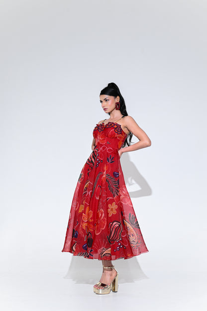 SCARLET FLOWER CORSET MIDI DRESS
