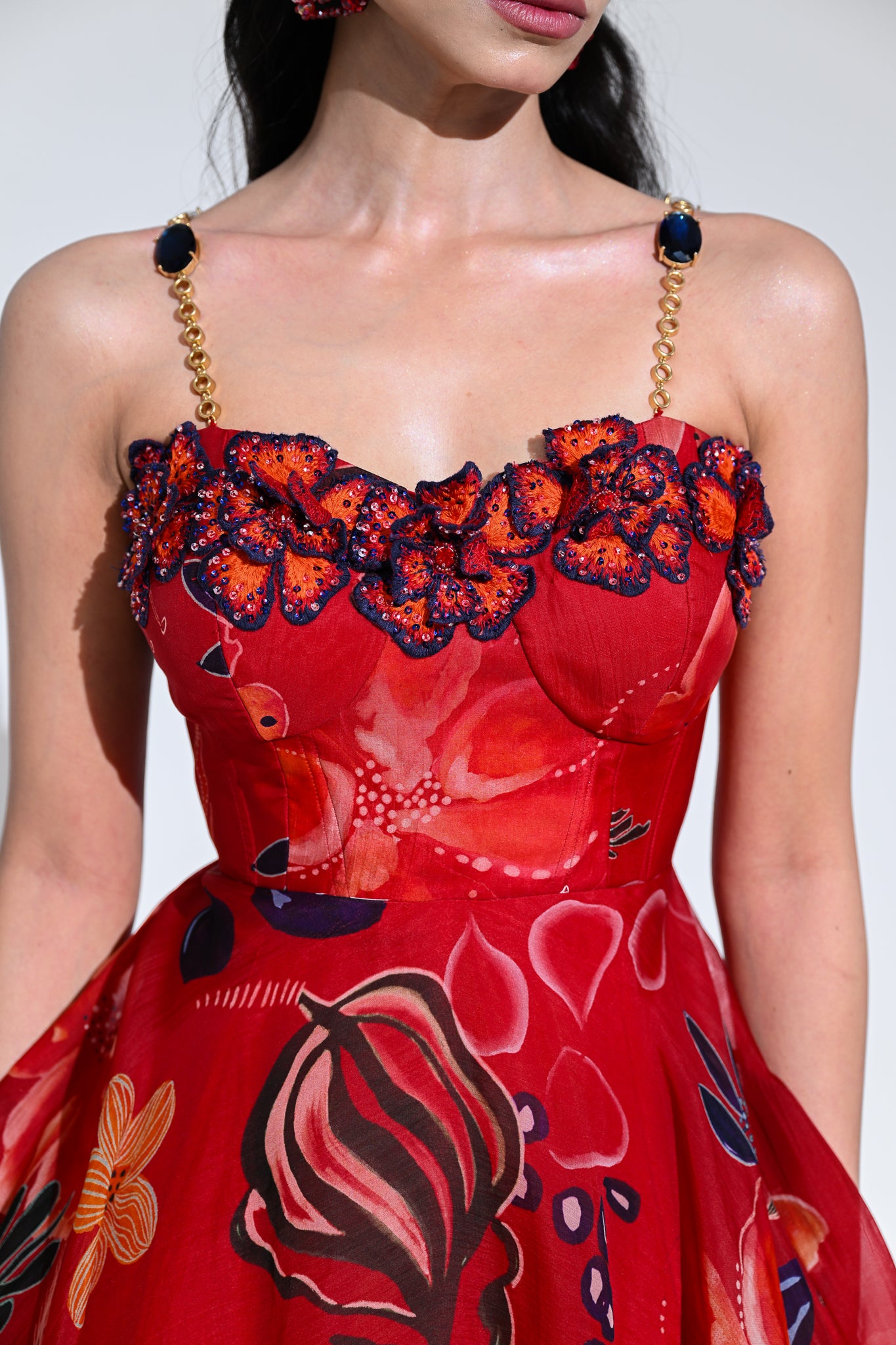 SCARLET FLOWER CORSET MIDI DRESS