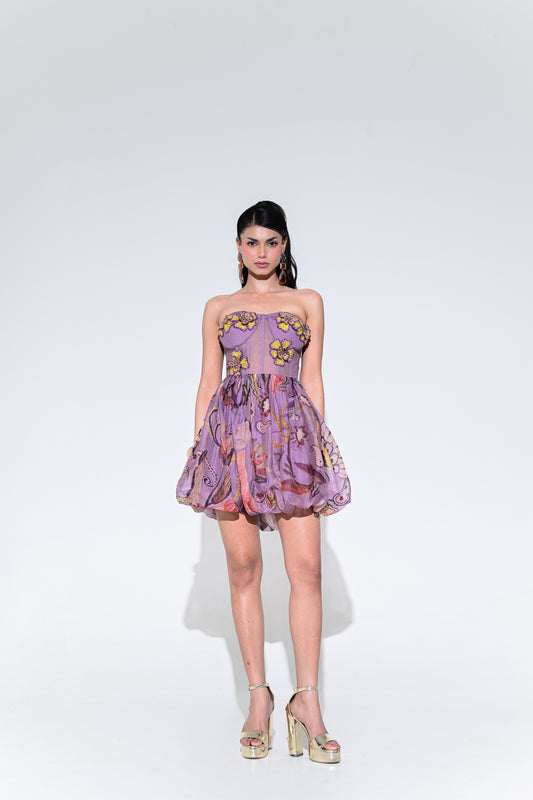VIOLET BLOOM EMBROIDERED PATCH BALOON DRESS
