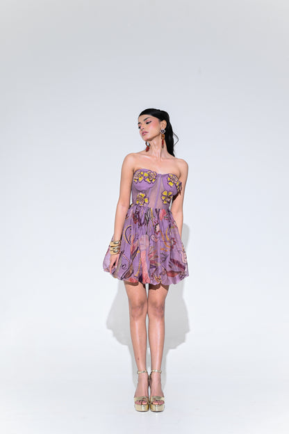 VIOLET BLOOM EMBROIDERED PATCH BALOON DRESS