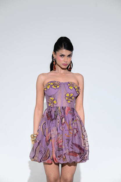 VIOLET BLOOM EMBROIDERED PATCH BALOON DRESS
