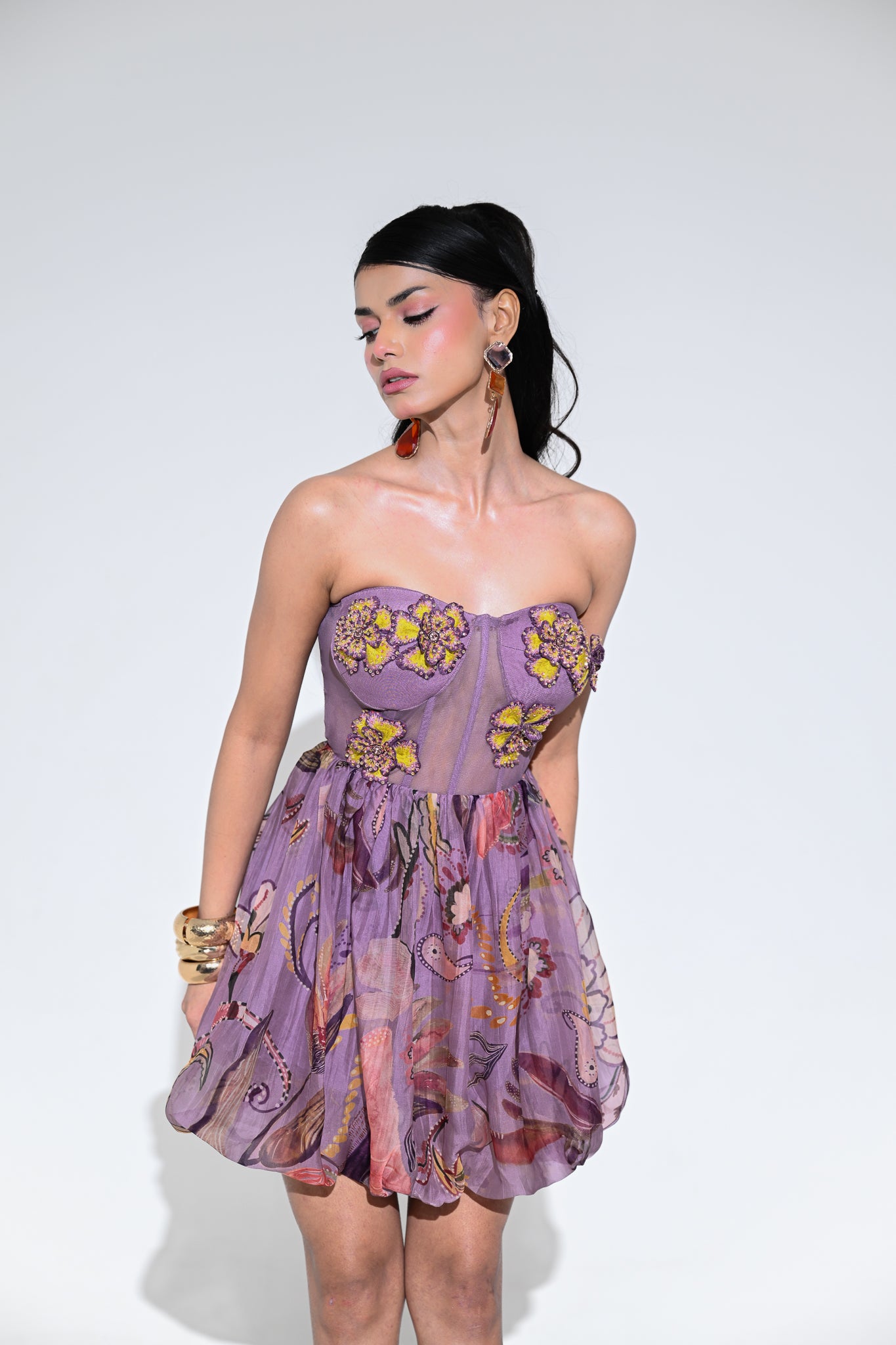 VIOLET BLOOM EMBROIDERED PATCH BALOON DRESS