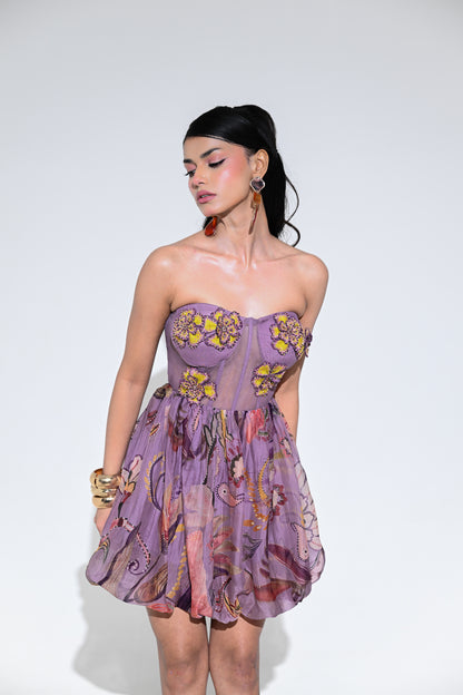 VIOLET BLOOM EMBROIDERED PATCH BALOON DRESS