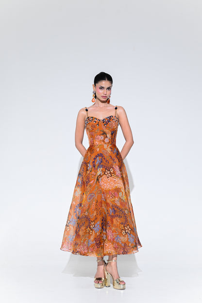 AMBER BLOOM CRYSTAL MIDI DRESS