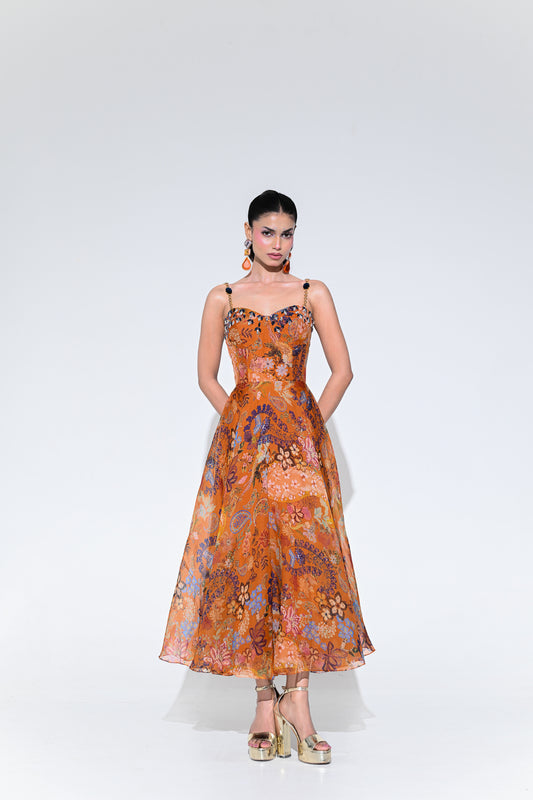 AMBER BLOOM CRYSTAL MIDI DRESS
