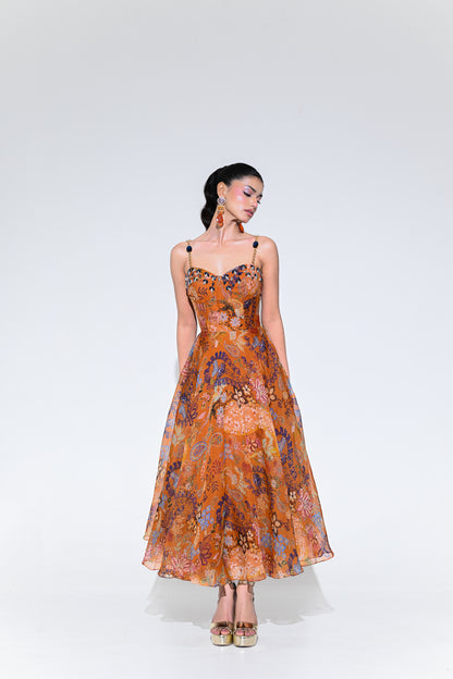 AMBER BLOOM CRYSTAL MIDI DRESS