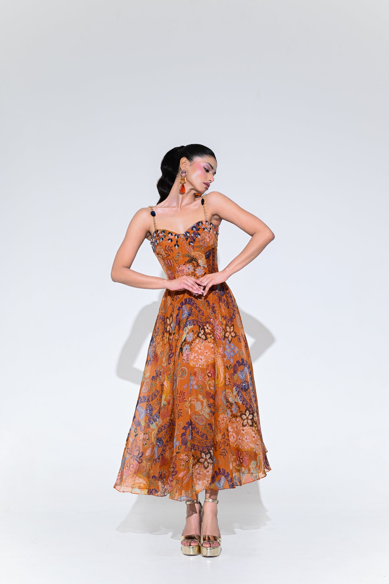 AMBER BLOOM CRYSTAL MIDI DRESS