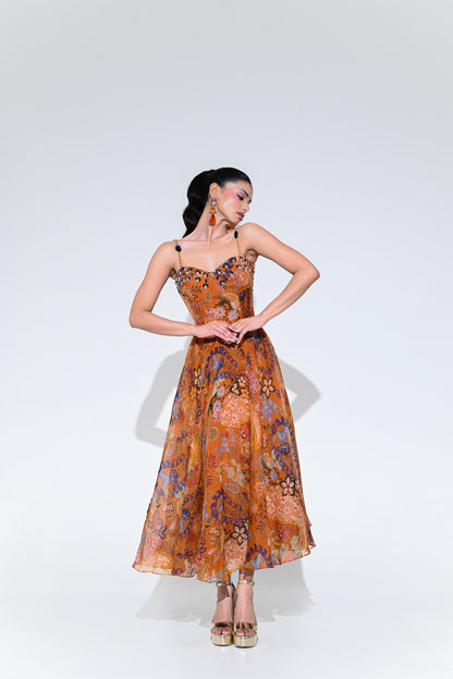 AMBER BLOOM CRYSTAL MIDI DRESS