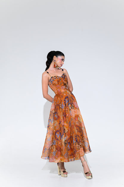 AMBER BLOOM CRYSTAL MIDI DRESS