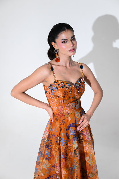 AMBER BLOOM CRYSTAL MIDI DRESS